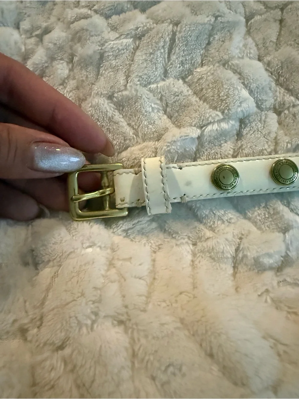 Coach White Patent Leather Vintage Skinny Belt Gold Stud Logo Accents sz S